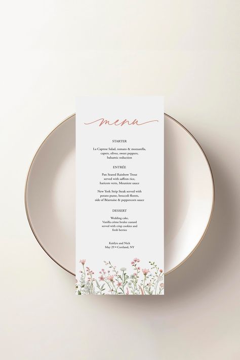 INSTANT DOWNLOAD - files are available immediately after purchase Please note that this is a digital EDITABLE download only, no physical product will be shipped. This menu features a hand-painted summer wildflower artwork in various shades of peach, pink and green and a fun script font. Access your self-editable template(s) within minutes of purchase and create your own menus using TEMPLETT - an application which lets you fully customize the templates right in your browser. - - - FREE DEMO - TRY Wildflower Artwork, Summer Wedding Menu, Best Script Fonts, Spring Dinner, Edit Font, Shades Of Peach, Menu Template, Dinner Menu, Wedding Menu