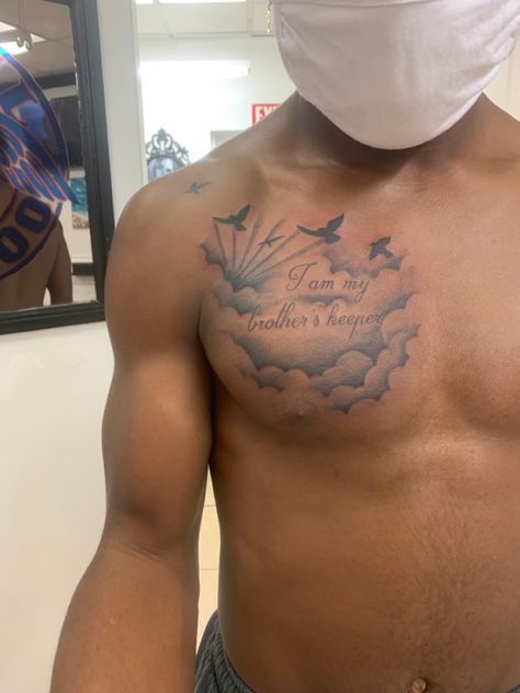 Delt Tattoo For Men, Matching Brothers Tattoo, Men Small Chest Tattoo, Shoulder Tattoo Men Sleeve, My Brothers Keeper Tattoo Ideas For Men, My Mothers Keeper Tattoo For Men, Half Chest Tattoo Men Ideas Black Man, Right Chest Tattoo Men, Small Tattoos For Black Men