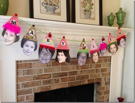 How fun is this adorable birthday photo banner?   I love the way that each party hat is decorated in a different style – that would be a fun little project to do with friends or family before the party. 80th Birthday Banner, 80th Birthday Decorations, 75th Birthday Parties, Milestone Birthday Party, Birthday Photo Banner, 90's Birthday Party, 70th Birthday Parties, 80th Birthday Party, 75th Birthday