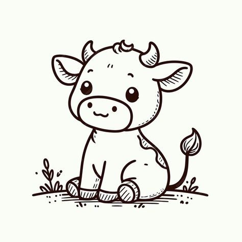 A drawing of a cow with a tag that says quot a little cow quot | Premium AI-generated vector Animated Cow Drawing, Cute Animal Line Art, Cute Cow Outline, Cow Drawings Easy, Cute Highland Cow Drawing, Cow Cute Drawing, Cute Cows Drawing, Cow Sketch Easy, Cute Cow Sketch