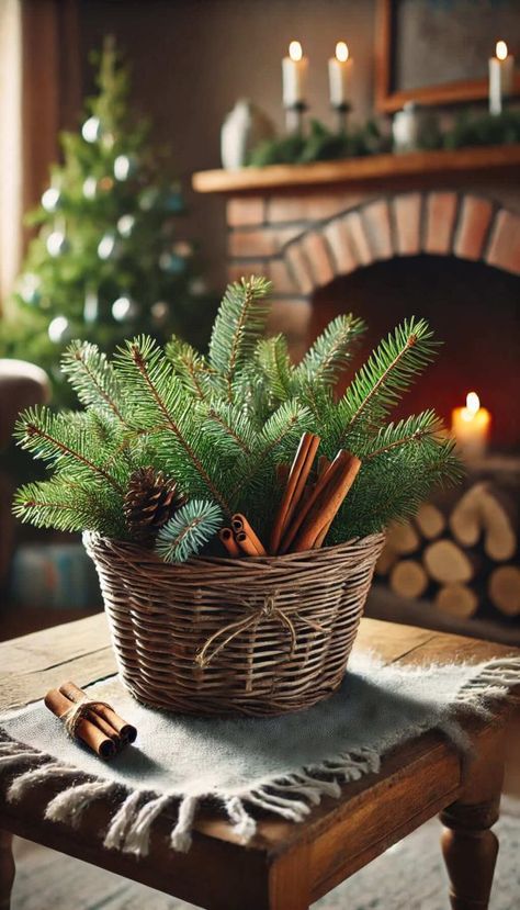 Natural Earthy Christmas Decor, Mixing Christmas And Thanksgiving Decor, Cottage Core Table Decor, Christmas Decor Ideas Cottage Core, Christmas Cottage Decor Ideas, Natural Xmas Decorations, Christmas Basket Decoration Ideas, Apple Basket Decor, Rustic Christmas Aesthetic