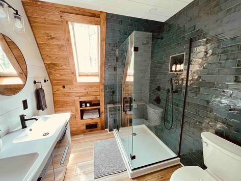 ADK Aframe - New Quiet Modern A-Frame Cabin - Cabins for Rent in Jay, New York, United States - Airbnb Small A Frame Cabin, A-frame Interior, Modern A Frame Cabin, Modern A Frame, Modern Wooden House, Frame Interior, Cabin Bathrooms, Rustic Fireplaces, Frame Ideas