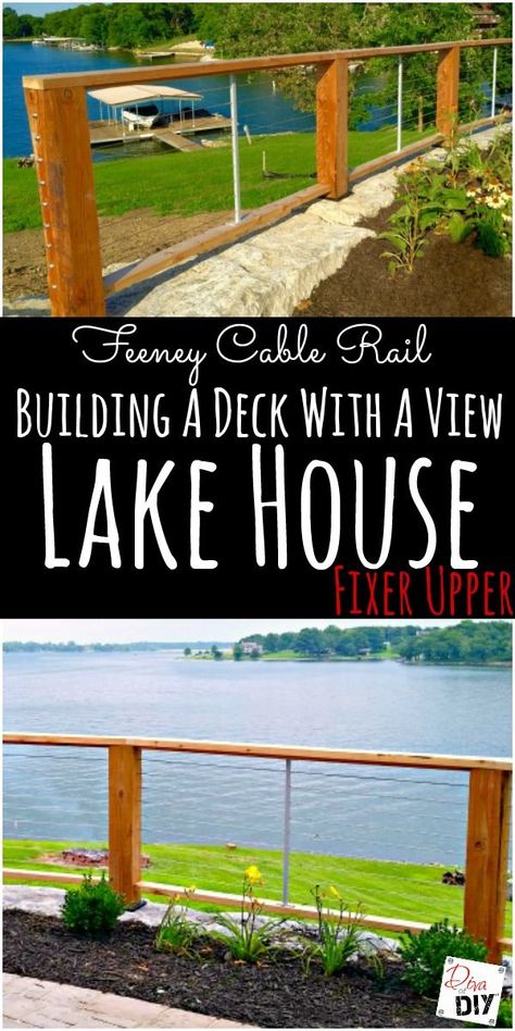 Get the unobtrusive view you are looking for with Feeney Cable Rail. The best DIY wire deck rail with that sleek modern… Lake House Deck, Hillside Deck, Reling Design, Wire Deck Railing, Deck Railing Design, Fixer Upper House, Deck Posts, Lakeside Living, Deck Projects