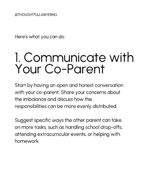 Many co-parents find themselves overwhelmed by the packed schedules of extracurricular activities. When the responsibility isn’t balanced, one parent can start to feel exhausted and resentful. Here are five tips to help you create a more balanced co-parenting arrangement: ➡️Communicate with Your Co-Parent: Have an honest conversation about the imbalance and suggest specific ways to share responsibilities more evenly. ➡️Review the Parenting Plan: Revisit your current arrangement and consi... Co Parenting Tips, Extracurricular Activities, Parenting Plan, Extra Curricular Activities, Extra Curricular, Co Parenting, Parenting Tips, What You Can Do, Parenting Hacks