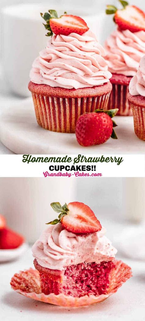 Homemade Strawberry Cupcakes, Strawberry Cupcake Recipes, Homemade Cupcake Recipes, Delicious Cupcakes Recipes, Strawberry Buttercream Frosting, Strawberry Cake Recipes, Homemade Cupcakes, Strawberry Buttercream, Torte Cupcake