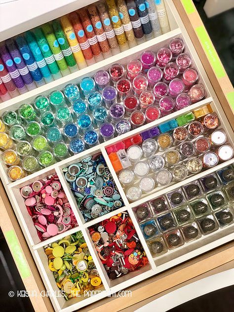 Craft Room Glitter Storage, Glitter Organization Storage, Glitter Storage Ideas, Glitter Storage, Balloon Room, Craftroom Ideas, Martha Stewart Paint, Organizing Things, I Feel Guilty