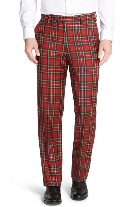 Berle Touch Finish Flat Front Classic Fit Plaid Wool Trousers | Nordstrom Red Pants Men, Royal Stewart Tartan, Plaid Flats, Stewart Tartan, Mens Clothing Store, Black Slacks, Red Tartan, Wool Trousers, Red Pants