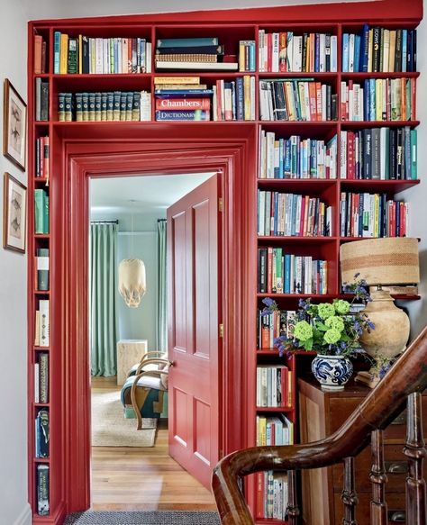 Modern Home Library, Dream Home Library, Red Shelves, Built In Seating, Wall Bookshelves, Style Deco, Inviting Home, Book Storage, Little Greene