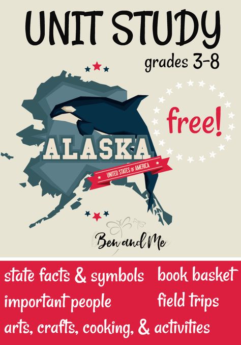 FREE Alaska Unit Study for grades 3-8 -- learn about the "Last Frontier" with books, arts and crafts, recipes, and more 1st Grade Unit Studies Homeschool, Homeschool Unit Study Ideas 2nd Grade, Alaska Themed Party Ideas, Alaska Crafts For Kids, Alaska Worksheets, Alaska Homeschool Unit, Alaska Party, Alaska History, 50 States Unit Study