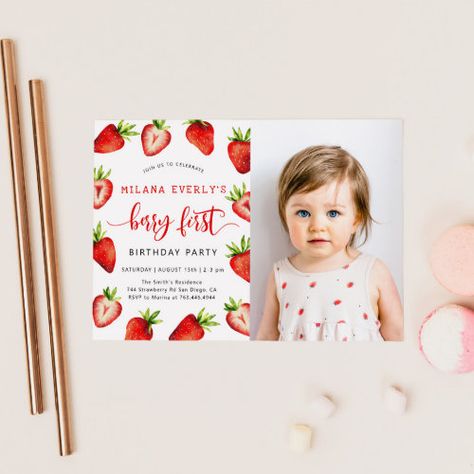 Strawberry 1st Birthday Party | Berry First Photo for $2.80 - Birthday Invitations Strawberry 1st Birthday, Holiday Party Bar, Strawberry Birthday Party, Summer Birthday Invitations, Summer Invitation, Berry First Birthday, Strawberry Birthday, Fruit Summer, 1st Birthday Party Invitations