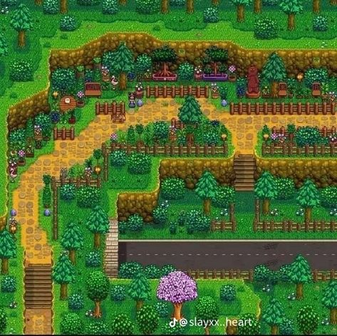 Stardew Valley Cindersap Forest Design, Orchard Stardew Valley, Stardew Paths, Stardew Valley Ideas Farm, Aesthetic Stardew Valley Farms, Stardew Valley Decoration Ideas, Stardew Design, Stardew Ideas, Stardew Farm