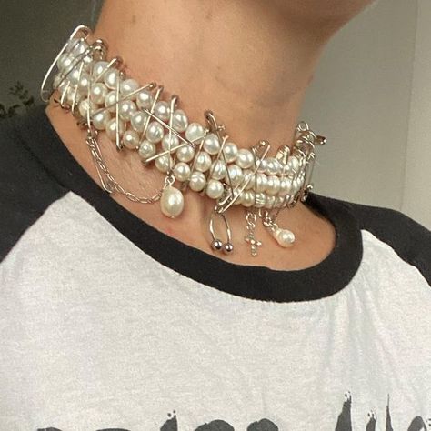 Mʏ Dᴇᴀʀᴇsᴛ Wᴏʀʟᴅ on Instagram: "@leigho0o is a vibe in the Vivienne Choker 🤍 DM to order for now lol🤍 #mydearestworld #choker #jewelry #pearlchoker #punkjewelry #punk #safetypins #pearls #slowjewelry #slowmade #slowfashion" Concert Jewelry, Punk Pirate, Maria Core, Pearl Boots, Punk Choker, Jewelry Wardrobe, Punk Aesthetic, Choker Jewelry, The Vivienne