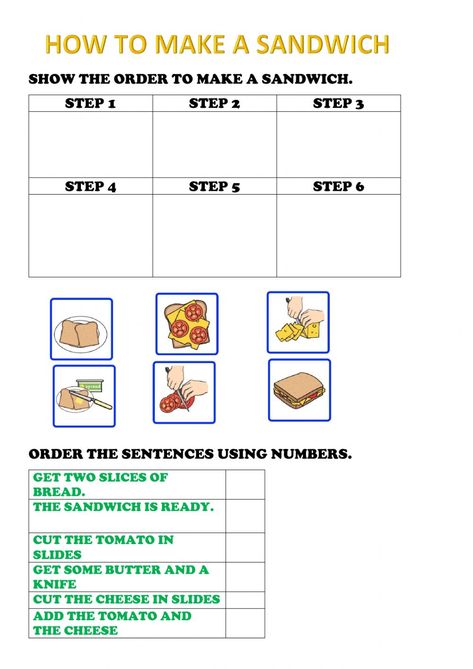 Sandwich Day Activities, Sandwich Template Free Printable, The Sandwich Swap Activities, Making A Sandwich Sequencing, Breakfast Lunch Dinner Worksheet, Making Sentences, Esl Reading, School Tool, Family Reading