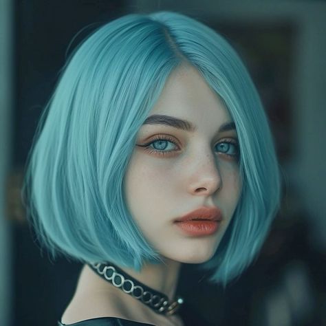 Cyan Hair Color, Cyan Hair, Short Bleached Hair, Short Blue Hair, Bob Hair Color, Cinematic Lighting, Different Hair Colors, Trendy Hair Color, Haircut For Older Women