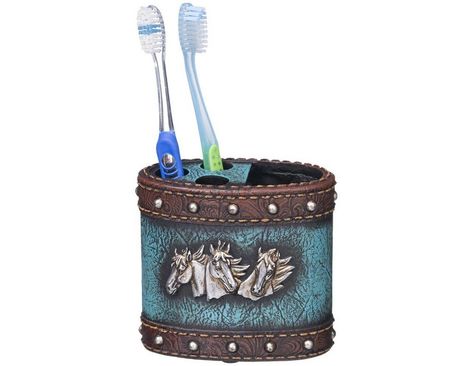 PRICES MAY VARY. Blue leather look toothbrush holder features a brown tooled leather accent with silver dots and three silver horse heads. Includes three toothbrush hole cutouts and a compartment for toothpaste. 2 1/4 long, 4 1/4 wide, 4 tall. Resin.Color:BlueSize:2 1/4 x 4 1/4 x 4 Horse Grooming Supplies, Western Spurs Straps, Baby Flip Flops, Saddle Pads English, Western Bridles, Western Saddle Pads, Horse Heads, Horse Western, Toothbrush Holders