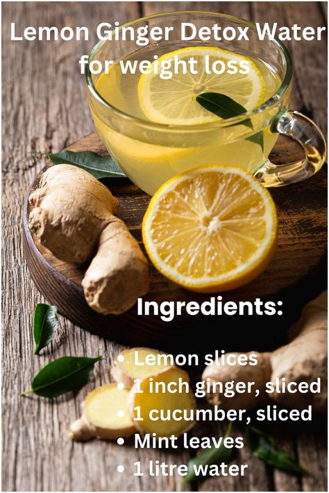 "Glass of lemon ginger detox water with lemon slices and fresh ginger on a wooden background." Lemon Ginger Detox Water, Ginger Detox Water, Holistic Learning, Mint Detox Water, Wait Loss, Ginger Detox, Juice Cleanse Recipes, Lime Water, Lemon Detox