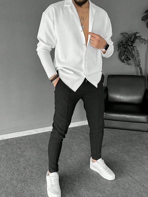 Men's Casual Loose Long Sleeve Shirt White Casual  Long Sleeve Knitted Fabric Plain Shirt Slight Stretch  Men Clothing, size features are:Bust: ,Length: ,Sleeve Length: Outfit Hombres, Outfit Navidad, Loose Long Sleeve Shirt, Loose Long Sleeve, Plain Shirt, Long Sleeve Polo Shirt, Plain Shirts, Inspiration Mode, Long Sleeve Polo