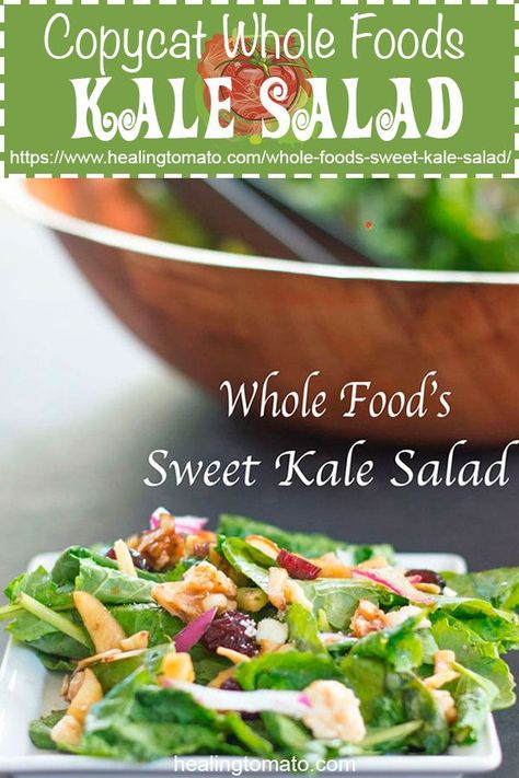 Copycat Whole Foods' sweet kale salad recipe with apple chips and nuts #healingtomato #kalesalad #wholefoods #sides #saladrecipes Summer Kale Salad, Dried Cranberries Recipes, Sweet Kale Salad, Kale Salad Recipes, Healthy Nuts, Cranberry Recipes, Healthy Salad, Easy Salad Recipes, Kale Salad