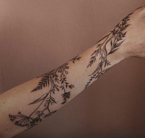 Leaf Tattoo Forearm, Vintage Floral Tattoos Forearm, Floral Arm Cuff Tattoo, Trc Tattoo, Botanical Tattoo Arm, Arm Vine Tattoos For Women, Leaf Forearm Tattoo, Botanical Tattoo Sleeve Vintage, Floral Forearm Tattoo Women