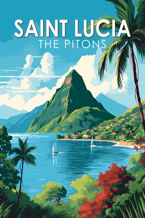 Retro art poster of The Pitons in Saint Lucia showcasing majestic peaks and Caribbean paradise. St Lucia Travel, Tropical Cruise, Tropical Poster, Vector Art Design, Caribbean Art, Saint Lucia, Caribbean Travel, Santa Lucia, Travel Wall Art