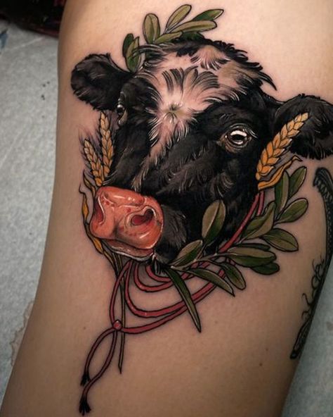 Step into the farmyard of fashion with cow tattoo designs! We've rounded up over 70 cow tattoo ideas that are just udderly irresistible. Neo Traditional Pig Tattoo, Neotraditional Western Tattoo, Black Cow Tattoo, Traditional Cow Tattoo, Farm Tattoo Ideas, Cow Tattoo Ideas, Cow Tattoos, Highland Cow Tattoo, Magical Tattoos