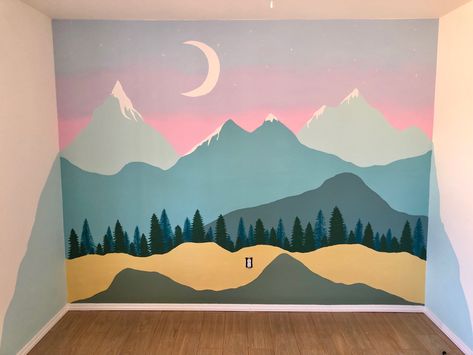 Night Sky Mountain Mural Nursery, Mountain Mural Painting, Easy Mountain Mural, Forest Mural Kids, Curb Numbers, Basement Mural, Diy Mountain Mural, Mountain Wall Painting, Desert Mural