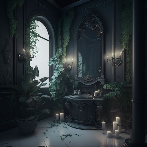 Witchy, Whimsical, and Gothic: A Home Bedroom for Every Season whimsigothic home bedroom | goth boho décor | forest bedroom aesthetic | dark fantasy bedroom witchcore bedroom | moody eclectic bedroom | forest themed bedroom | dark elegant bedroom witchcore bedroom moody eclectic bedroom gothic boho home decor romantic gothic home decor goth embroidery goth kitchen boho goth bedroom forestcore bedroom forest room aest Dark Fantasy Interior, Slytherin Bathroom Aesthetic, Dark Green Gothic Bedroom, Fantasy Bathroom Concept Art, Dark Mermaid Bathroom, Green Gothic Bedroom, Gothic Home Aesthetic, Slytherin Bathroom, Dark Elegant Bedroom