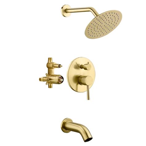 Tub and Shower Faucet with Rough-in Valve and Diverter Gold Shower Faucet, Rain Shower System, Gold Shower, Shower Faucet Sets, Tub And Shower, Geometric Forms, Tub Spout, Mixer Shower, Tub Shower