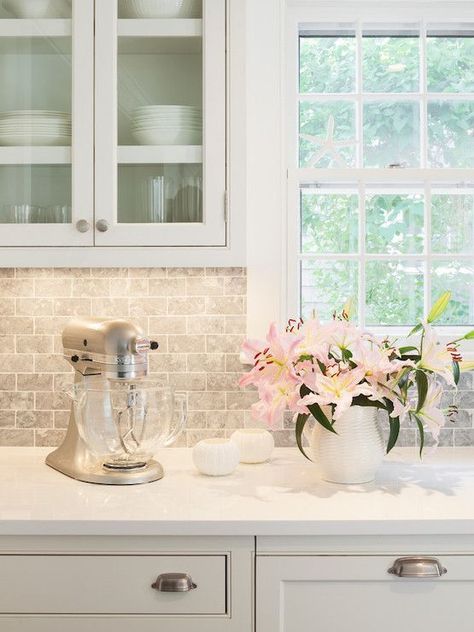 White on White                                                                                                                                                     More Herringbone Backsplash, Smart Tiles, Kitchen Cabinets Makeover, White Quartz Countertop, Kitchen Farmhouse, White Countertops, Backsplash Ideas, Transitional Kitchen, Kitchen Marble