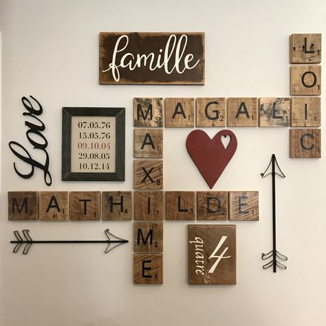 Scrabble Wall Decor, Picture Wall Living Room, Deco Mural, Scrabble Tile Wall Art, Picture Arrangements, Scrabble Wall Art, Living Room Murals, Wall Collage Decor, Scrabble Wall