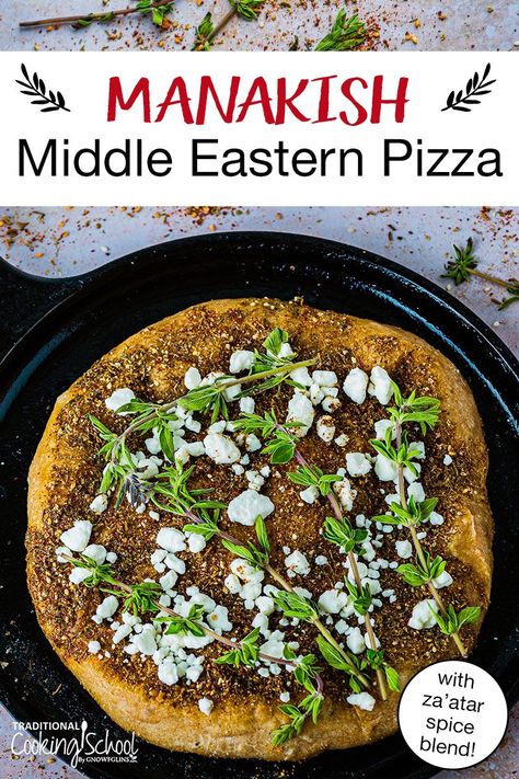 Manakish, or Middle Eastern Pizza is traditionally seasoned with Za'atar and olive oil. It makes a delicious snack, appetizer, dinner, or even brunch! #recipe #manakish #middleeastern #pizza #zaatar Appetizer Dinner, Sourdough Breads, Brunch Recipe, Za Atar, Text Overlay, Energy Bars, Pizza Recipe, Cooking School, Dough Balls