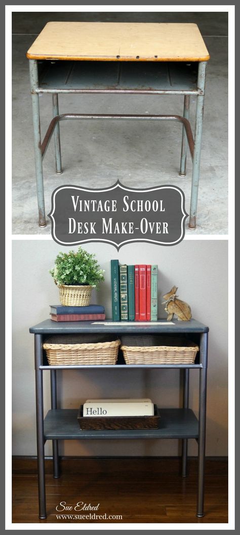 Vintage School Desk Make-Over  No longer a desk.  It makes a great side piece. From Sue's Creative Workshop  www.sueeldred.com  #vintage #desk #make-over #upcycled #homedecor #recycled #trashtotreasure #schooldesk School Desk Makeover, Upcycle Home Decor, Metallic Furniture, Upcycle Home, Reused Furniture, Vintage School Desk, Desk Diy, School Desk, Desk Makeover