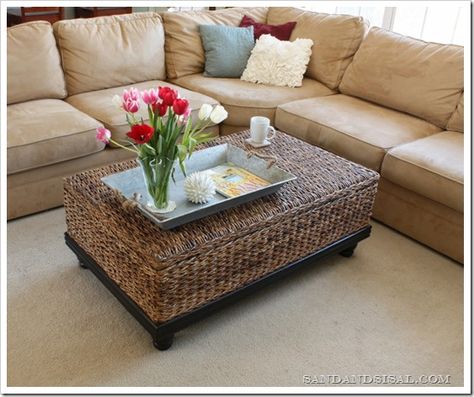 Family Room - abaca coffee table Diy Storage Ottoman Coffee Table, How To Decorate Baskets, Wicker Storage Ottoman, Pottery Barn Sectional, Diy Storage Ottoman, Coffee Table Pottery Barn, Coffee Table With Stools, Storage Ottoman Coffee Table, Wicker Coffee Table