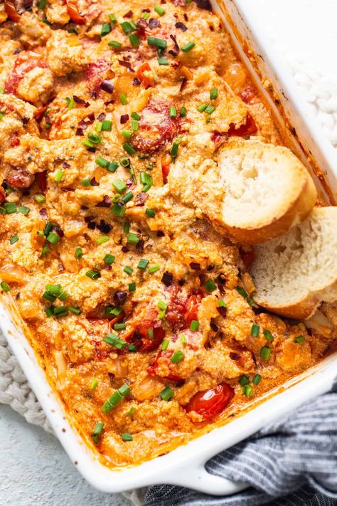 Roasted Garlic Baked Boursin Dip - Fit Foodie FInds Boursin Appetizer Recipes, Healthy Wings Recipe, Boursin Dip, Baked Boursin, Le Creuset Casserole Dish, Garlic Baked, Fit Foodie Finds, Favorite Casseroles, Fit Foodie