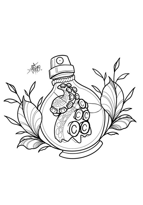 Mushroom Potion Bottle Tattoo, Simple Potion Bottle Tattoo Design, Potion Bottle Tattoo, Optical Illusion Tattoo, Fineliner Art, Bottle Tattoo, Monster Crafts, Ocean Tattoos, Flash Tattoo Designs