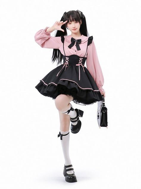 [$37.00]Black Suspender Skirt Jirai Kei  Overalls High Waist Landmine Style Dress Menhera Fashion, Suspenders Outfit, Chemise Rose, Strap Skirt, Short Black Skirt, Mode Kawaii, Jirai Kei, Black Suspenders, Kei Fashion