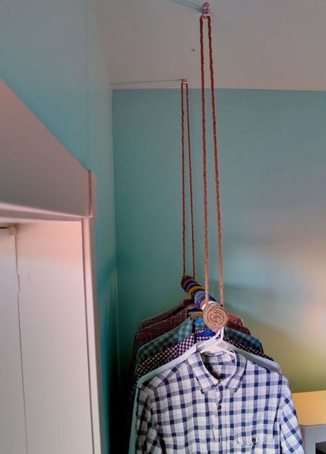 Out of the Closet: How To Make a Rope Wrapped Hanging Clothes Bar Hanging Clothes Racks From Ceiling, Hang Clothes From Ceiling, Diy Closet Rods Hanging Clothes, Clothing Rack Hanging From Ceiling, Diy Closet Bar Hanging Clothes, Loft Bed Rope Railing, Garage Sale Tips, Coming Out Of The Closet, Diy Clothes Rack