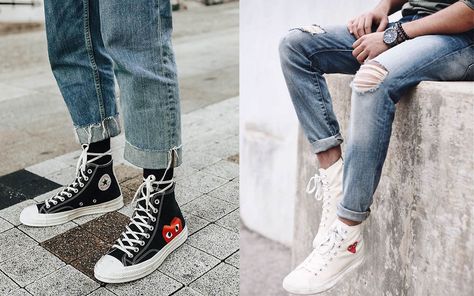 Converse High Tops Sneakers: Nailing Lace Up Style | The GentleManual Mens Converse Outfit, Shoe Rotation, How To Lace Converse, Mens Converse, Converse Hi, Converse Outfit, Cdg Play, High Tops Sneakers, Pair Of