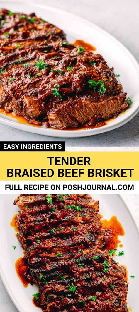 Easy oven slow-cooked beef brisket. So tender and flavorful! This braised beef brisket recipe uses a simple dry rub. #slowcookerbeefbrisket #beefbrisket #braisedbeefbrisket #ovenbakedbeefbrisket Slow Cooked Brisket Recipes, Brisket Side Dishes Ideas, Slow Cooked Brisket In Oven, Brisket Meatballs, Side Dishes Ideas, Oven Brisket Recipes, Easy Brisket Recipe, Brisket Side Dishes, Brisket In The Oven