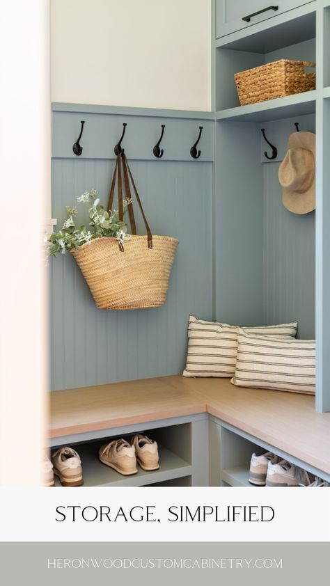 Mudroom Corner Cabinet, Mudroom With Closed Storage, Mud Room Cubby Storage Ideas, Mud Room Inspiration, Blue Mudroom Cabinets, Blue Mud Room, Coastal Mudroom, Classic Mudroom, Blue Mudroom