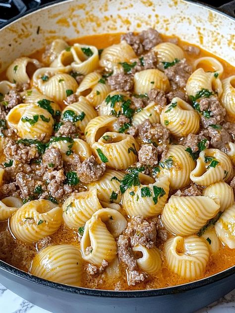 via @thenandnowspace Creamy Beef And Shells, Beef And Shells, Mexican Pasta, Shells Recipe, Ground Meat Recipes, Simple Green Salad, Stuffed Shells Recipe, Stuffed Pasta Shells, Ground Meat