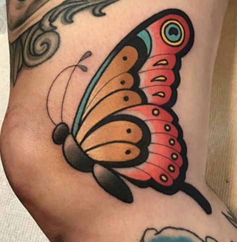 Neo Butterfly Tattoo, New School Butterfly Tattoo, Cartoon Butterfly Tattoo, Trad Butterfly Tattoo, Neo Traditional Butterfly Tattoo, Butterfly Eye Tattoo, Butterfly Tattoo Traditional, American Traditional Butterfly Tattoo, Vintage Butterfly Tattoo