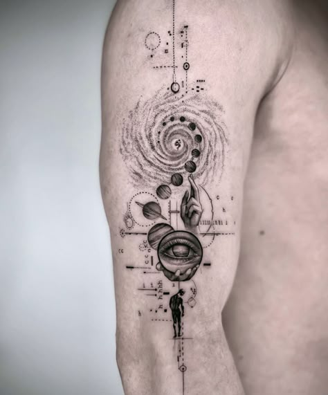 Unique Tattoos For Men, Geometric Sleeve Tattoo, Simple Tattoos For Guys, Universe Tattoo, Single Needle Tattoo, Planet Tattoos, Type Tattoo, Tattoo Inspiration Men, Geometric Tattoo Design