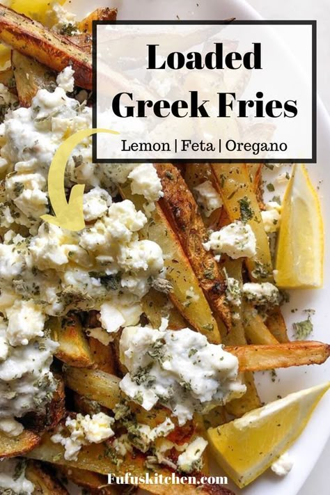 These zesty lemon oregano oven-baked seasoned fries that are topped with a feta garlic cream sauce are too die for! You’ll finish the whole plate before you know it. Feta French Fries, Greek Feta Fries Recipe, Greek Feta Fries, Greek Fries With Feta, Easy Mediterranean Side Dishes, Feta Cream Sauce, Feta Snacks, Feta Fries Recipe, Feta Recipes Dinner