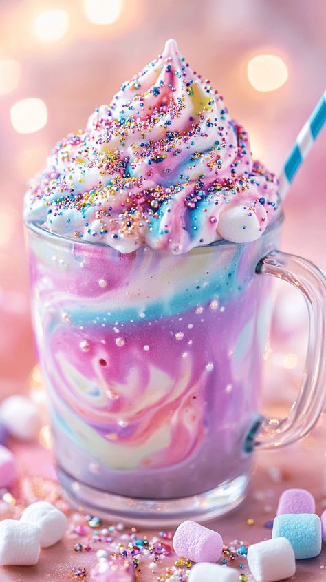 Unleash your inner child with unicorn hot chocolate. Learn how to make this visually stunning drink perfect for parties or nights at home. Unicorn Pancakes, Unicorn Hot Chocolate Recipe, Unicorn Recipes, Unicorn Drink, Cute Hot Chocolate, Cotton Candy Unicorn, Candy Aesthetic, Unicorn Hot Chocolate, Sprinkles Birthday Party