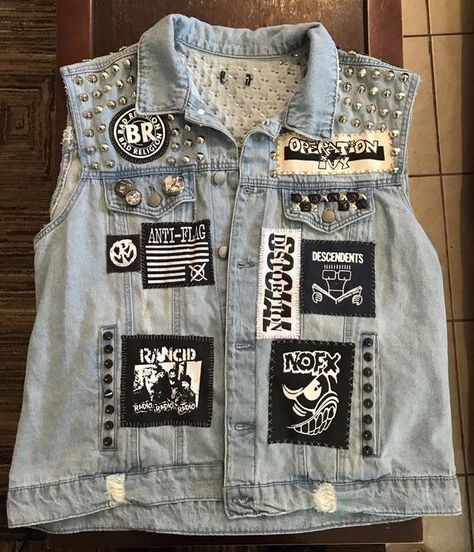 Stitched and studded by hand! Denim punk vest sized at a men’s XL with 11 patches and 3 pins. Diy Denim Vest, Punk Vest, Anti Flag, Studs Diy, Crust Punk, Diy Denim, Punk Pins, Denim Diy, Vests Mens