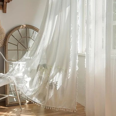 Simple White Translucent Rod Pocket Three sided Tassel Lace - Temu Lace Curtains Bedroom, Vintage Drapes, Hall Curtains, Bedroom Window Treatments, Cortina Boho, Panel Drapes, Cortinas Boho, Window Treatments Sheer, Lace Curtain Panels