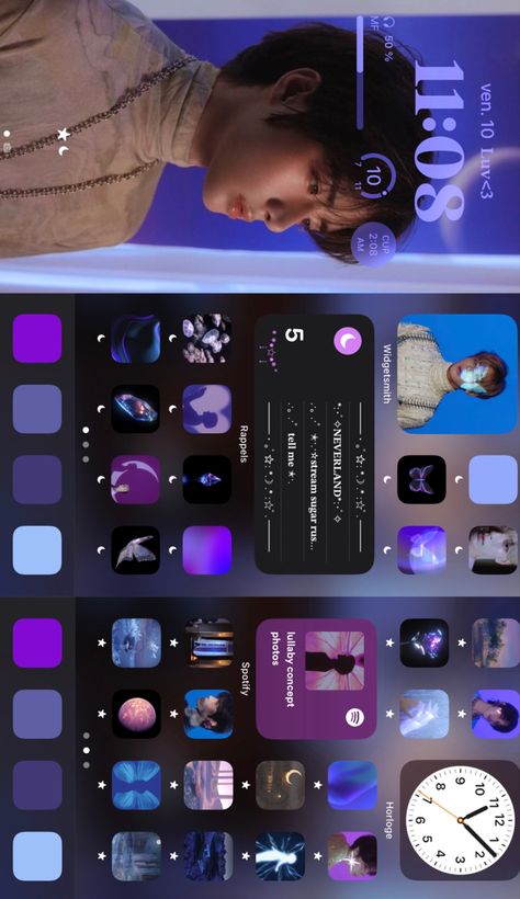 Txt Lullaby Aesthetic, Txt Homescreen Ideas, Txt Ios 16, Txt Themed Phone, Txt Ios Layout, Txt Iphone Layout, Txt Phone Theme, Purple Ios Layout, Purple Phone Layout