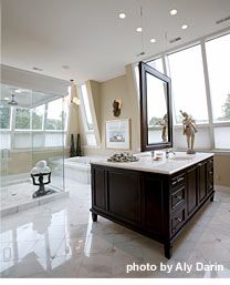 marble floors bath seamless glass shower center of room island vanity Bathroom Island, Bathroom Mirror Makeover, Bathroom Mirror Ideas, Bathroom Lighting Design, Large Bathroom Mirrors, Bathroom Mirror Design, Large Bathroom, Mirror Ideas, Mirror Hanging