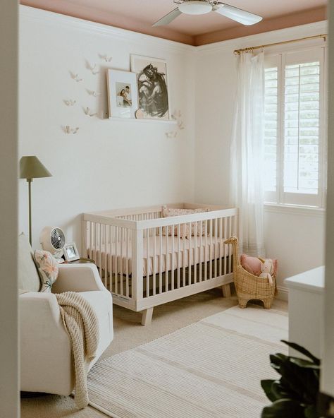 Colored Ceiling Nursery, Half Wall Nursery Ideas, Pink Ceiling Nursery, Nursery With Painted Ceiling, Painted Ceiling Nursery, Emma Nursery, Hudson Crib, Nursery Ceiling, Natural Crib